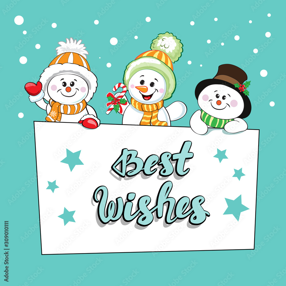 Funny three snowmen hold the inscription Merry Christmas on a blue background. Christmas and New Year cardhristmas card Funny three snowmen hold the inscription Merry Christmas on a blue background. Christmas and New Year cardhristmas card