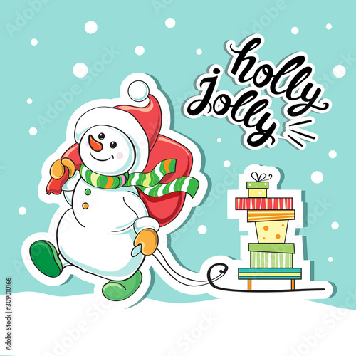 Merry Christmas snowman carries a sled with gifts and an inscription Holly jolly on a blue background