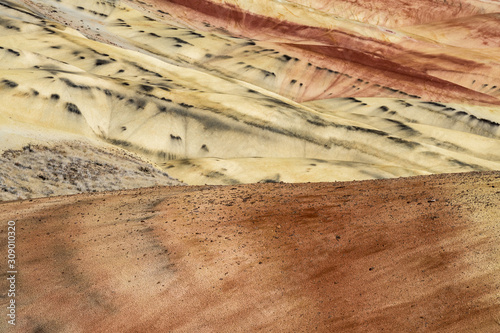 Detail of the arid, wavy and colorful landscape of Painted Hills