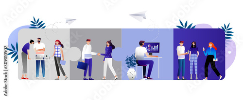 Team metaphor. Business concept. people connecting puzzle elements. Vector illustration flat design style. Symbol of teamwork, cooperation, partnership.