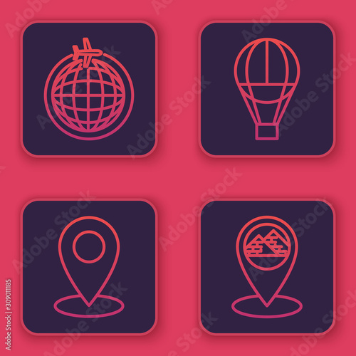 Set line Globe with flying plane, Map pin, Hot air balloon and Map pointer with Egypt pyramids. Blue square button. Vector