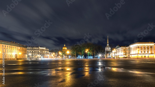 Panorama of the night St. Petersburg. City landscape with a view of St. Isaac's Cathedral and the Admiralty from Palace Square