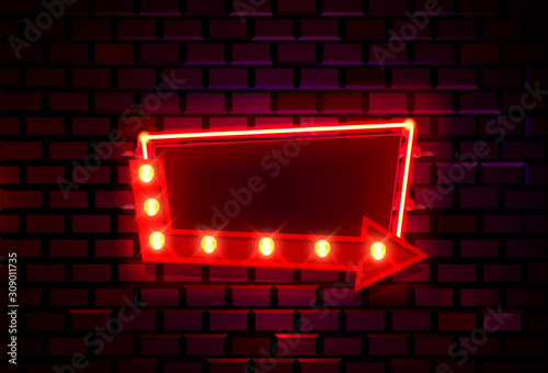Neon frame on a brick colored wall. template design element.