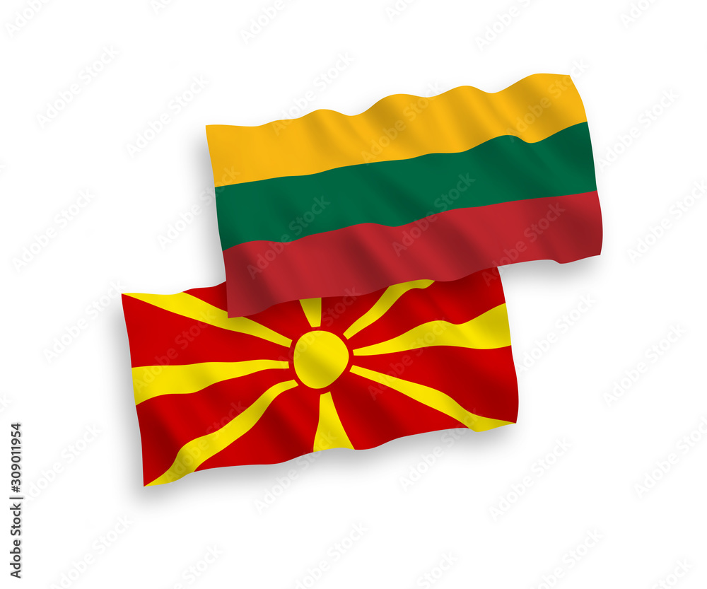 Fototapeta premium Flags of Lithuania and North Macedonia on a white background