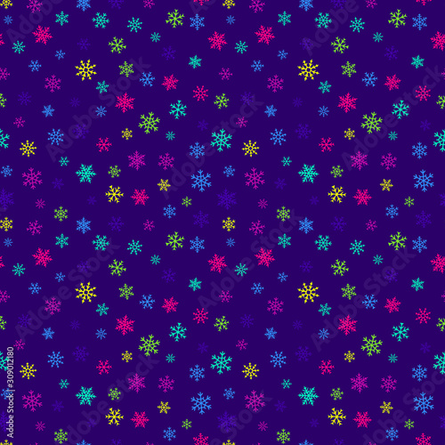 Snowflakes seamless pattern. Vector background with bright neon colorful snowflakes on purple backdrop. Funky texture. Winter holidays theme. Cute repeat design for decor, wallpaper, print, wrapping