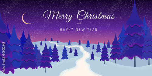 Merry Christmas and Happy New Year banner. Winter season landscape with wood, Christmas trees, snowy hills, night sky, moon and stars. Vector panoramic illustration in flat style. Greeting card