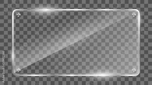 Glass frame vector. Reflecting glass banner. Gloss reflection 3d panel texture or clear window on transparent display background vector frame. 