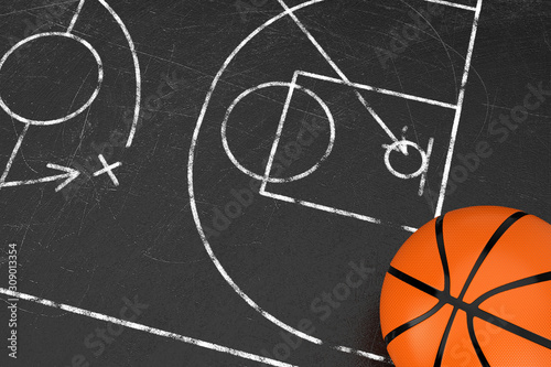 Basketball Tactics Concept. Basketball Ball over Black Chalkboard with Basketball Court and Game Strategy and Tactics Scheme. 3d Rendering © doomu