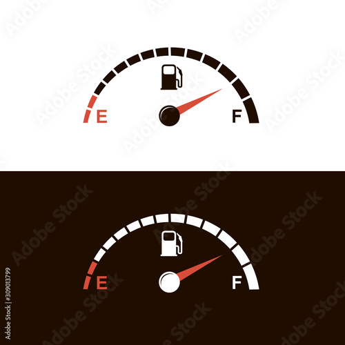 gasoline fuel gauge and pump nozzle icon isolated on black and white background