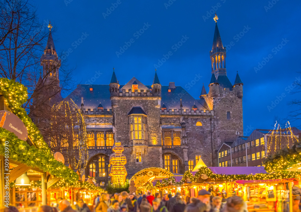 Aachen city hall and the annual Christmas Market during Blue Hour 