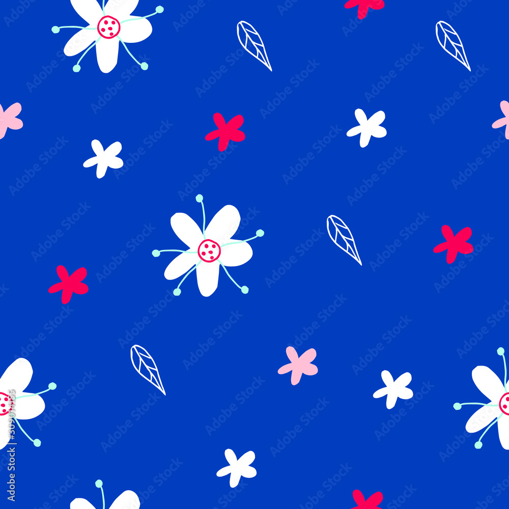 Abstract floral seamless pattern in doodle style in vector over trendy 2020 color classic blue. Sweet colorful flowers pattern for textile, fabric, wrapping