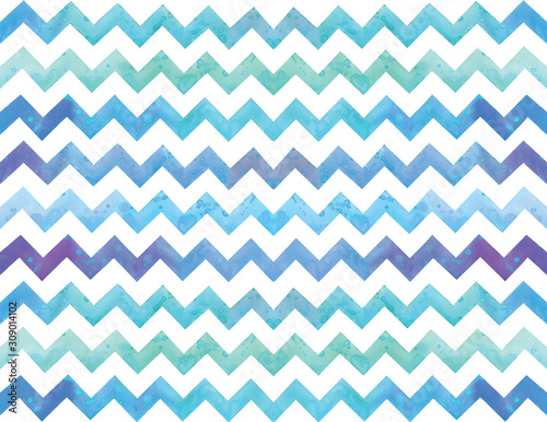 Stock illustration. chevron seamless pattern, background. Watercolor drawing zigzag ornament. blue, purple, indigo, white, striped. For wallpaper, textile design, wrapping paper. the colors of the sea
