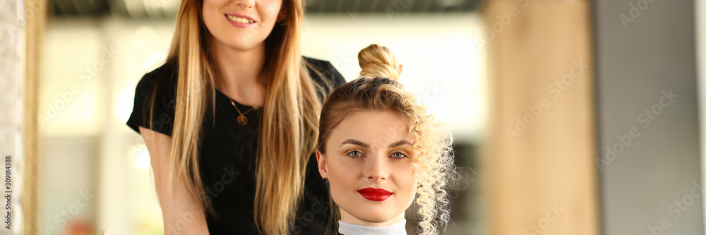 Smiling Hairstylist and Client with Hairstyle Smiling Hairstylist and Client with Hairstyle