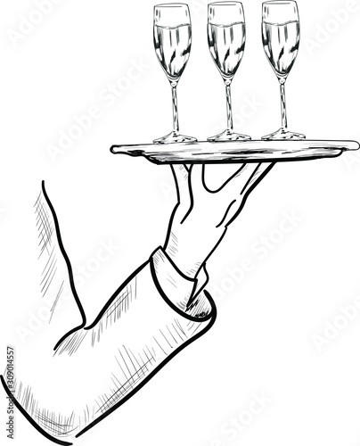 waiter with tray and champagne's glasses . Concept for cards,logo, menu 