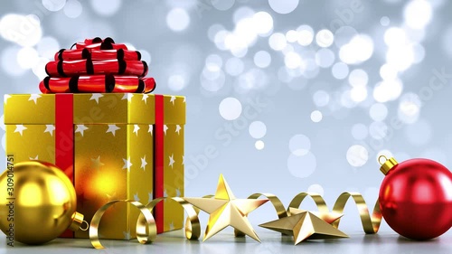 Holidays and Christmas Background animation with the concept of falling snowflakes and Christmas Decoration elements with the subtle snowy background 