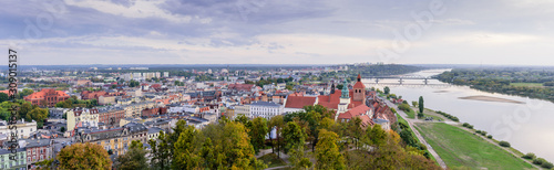 Sightseeing of Poland. Cityscape of Grudziadz, wide panoramic view of the city and Wisla river