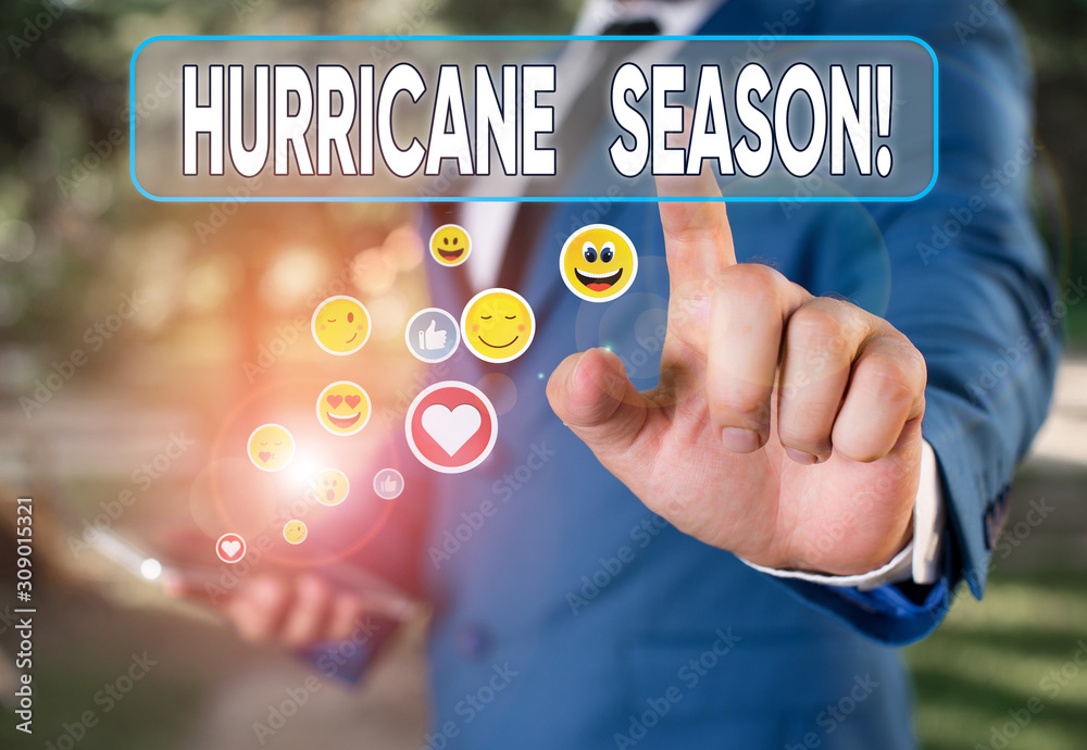 Writing note showing Hurricane Season. Business concept for time when most tropical cyclones are expected to develop