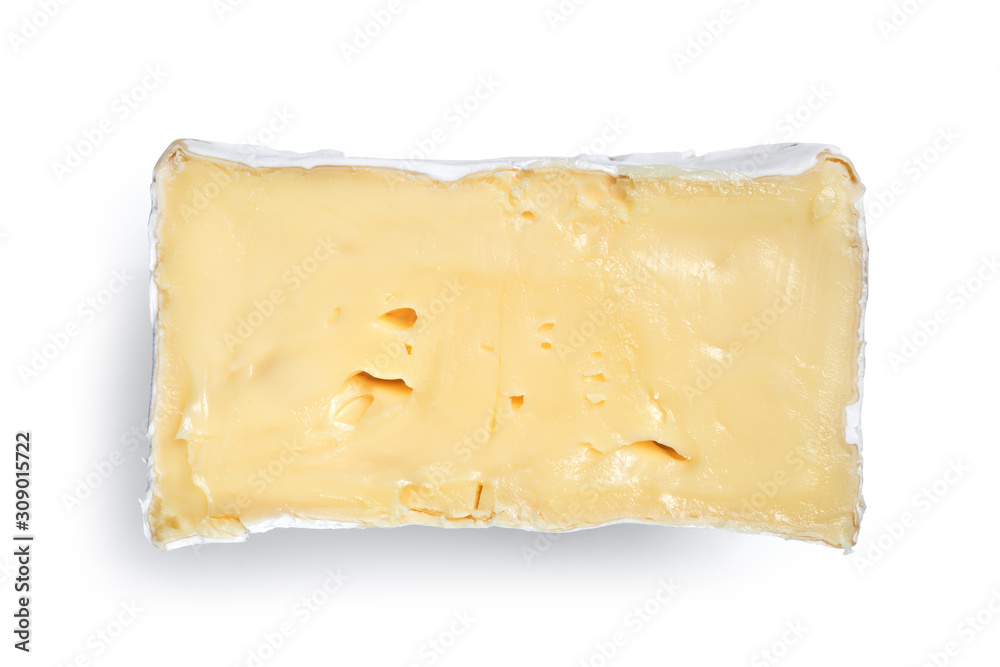 Fresh Brie cheese isolated on a white background. Top view