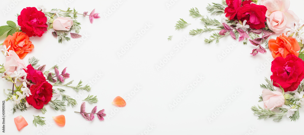 rose flowers and leaves on white background - obrazy, fototapety, plakaty 