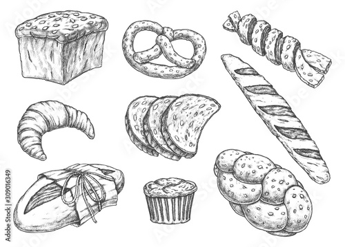 Set of isolated bread food sketches, bakery