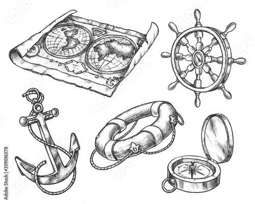 Set of isolated sketch of sea,ship, boat equipment