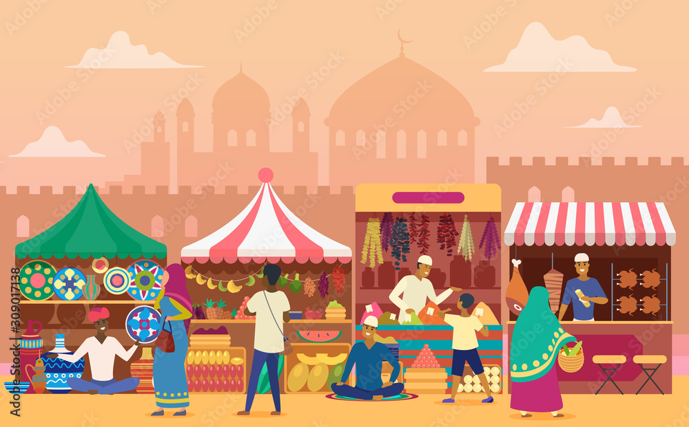 Street market flat vector illustration. Local Indian outdoor marketplace. Traditional retailing. Joyous ccartoon vendors at counters and customers. Sellers at stands. Asian city view background