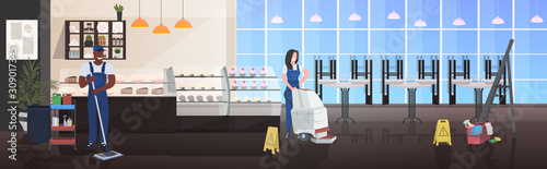 couple cleaners using mop and vacuum cleaner mix race man woman janitors in uniform floor care cleaning service concept modern cafe interior horizontal full length sketch vector illustration