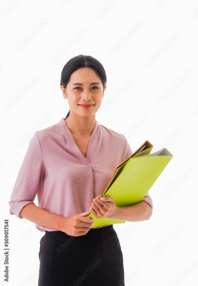 Beautiful Asian business woman one person standing smiling happiness holding work file folder Beautiful Asian business woman one person standing smiling happiness holding work file folder