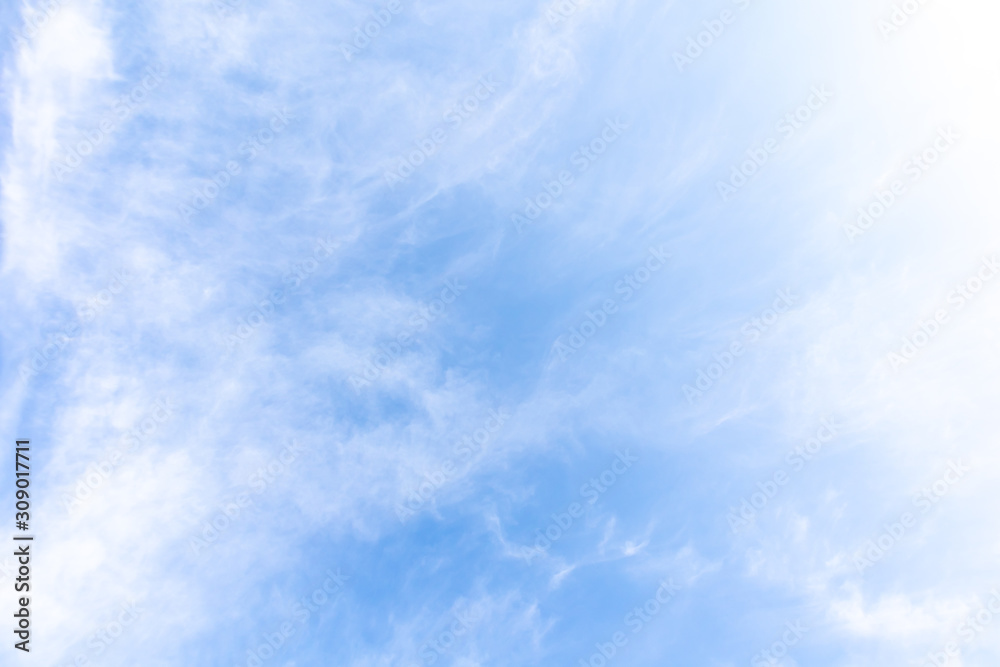 Beautiful blue clear sky with white clouds background in sunny day and copy space. Nature bright sky background image. Summer blue sky. Texture for Design. Natural cloudy Wallpaper.