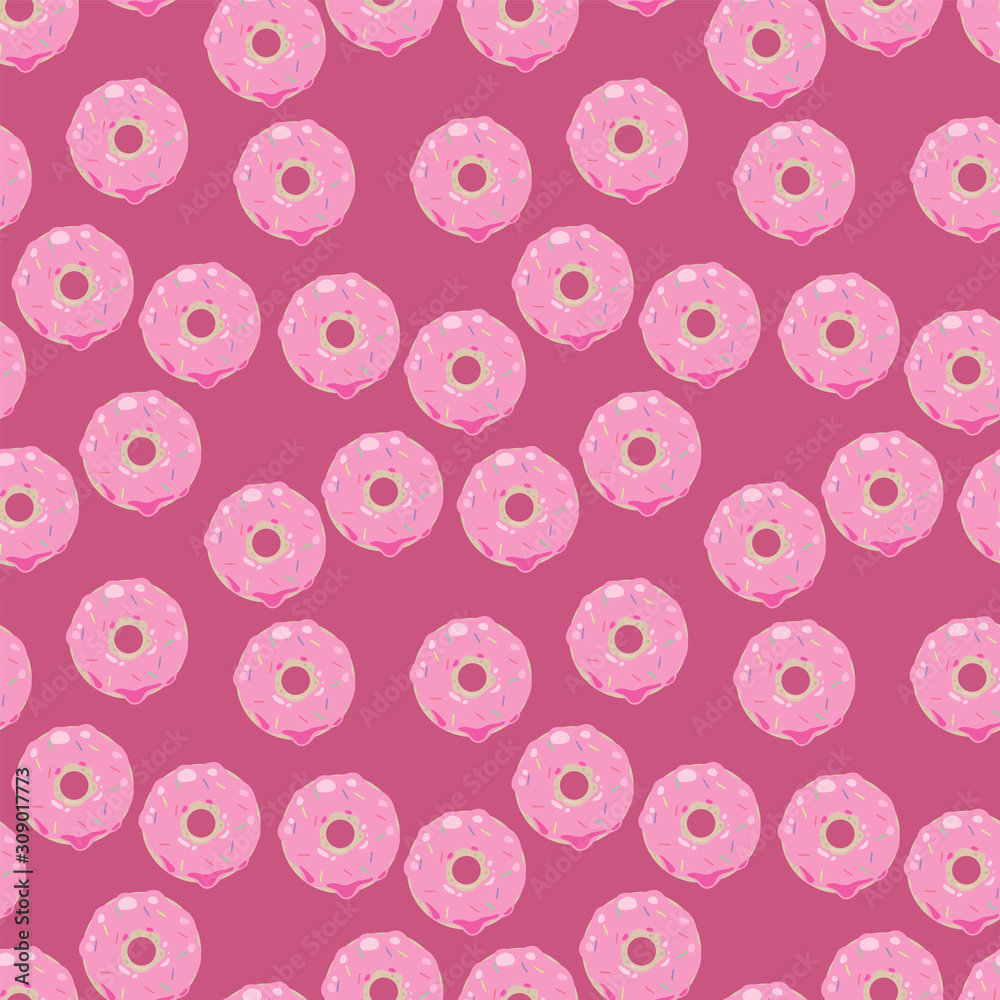 Seamless positive color pattern with sweet pink donuts with icing and topping on a dark pink background. Seamless positive color pattern with sweet pink donuts with icing and topping on a dark pink background.