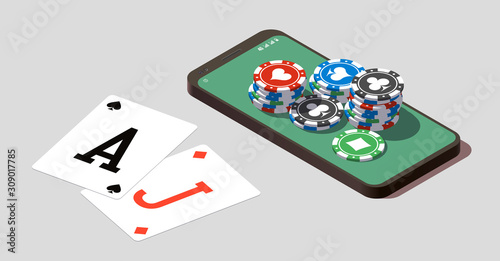isometric illustration Blackjack in Online casino mobile phone app. Banner with Twenty-One and roulette Banner Online Casino isometric mobile phone app roulette and Blackjack Twenty-One Jackpot poster