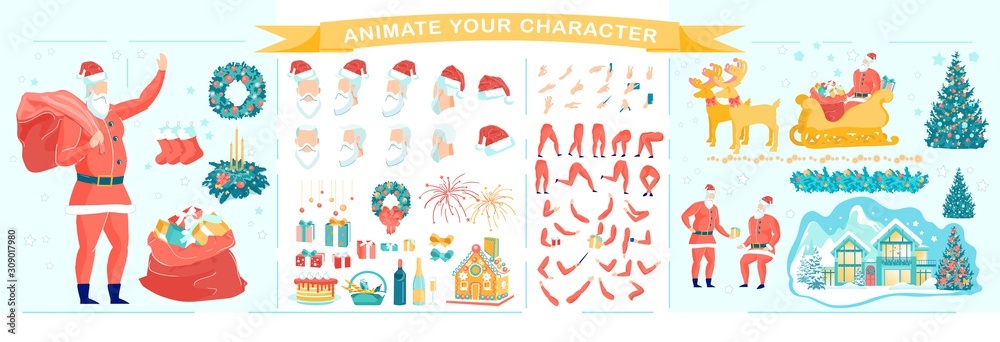 Animation Set with Christmas Symbols and Santa.
