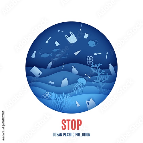 World Ocean Day, stop ocean plastic pollution banner. View of the underwater world through the porthole of a submarine in paper cut style. Vector papercut wave, tropical marine life in round frame
