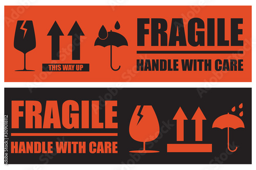 Fragile, Handle with Care or Package Label stickers set. Orange and black colour set. Banner format.