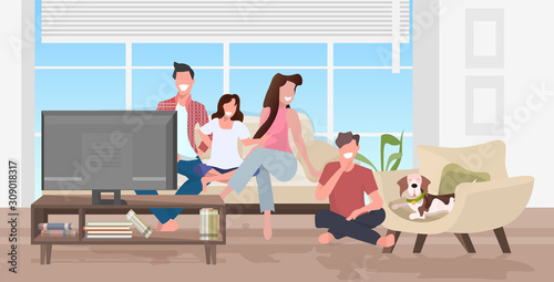 happy family watching tv parents and children with dog spending time together modern living room interior full length horizontal vector illustration