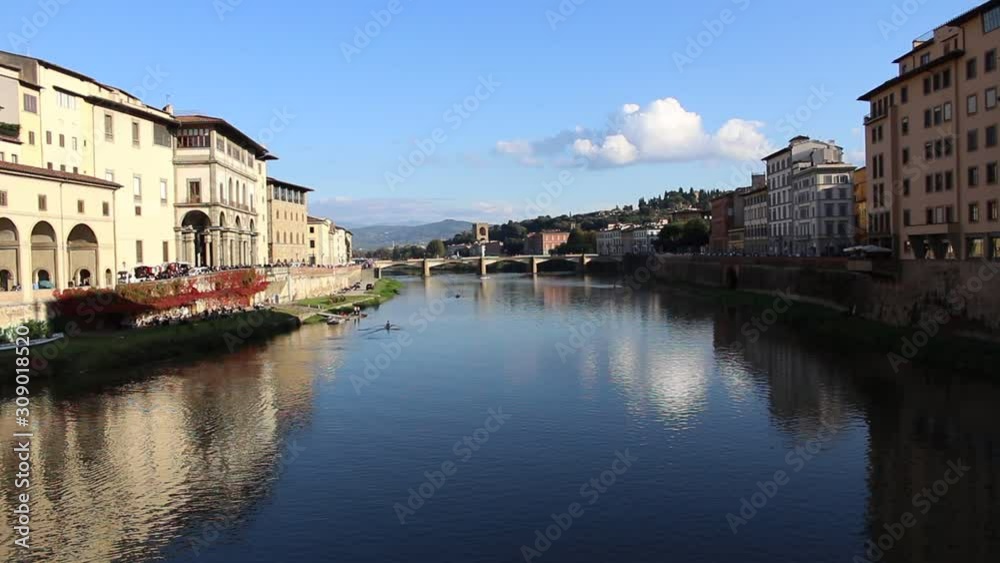 Blue sky, clouds and buildings are reflex on the Arno river, Florence Italy and the waves moved created a beautiful scenic effects. View from Ponte Vecchio, HD Video. Blue sky, clouds and buildings are reflex on the Arno river, Florence Italy and the waves moved created a beautiful scenic effects. View from Ponte Vecchio, HD Video.