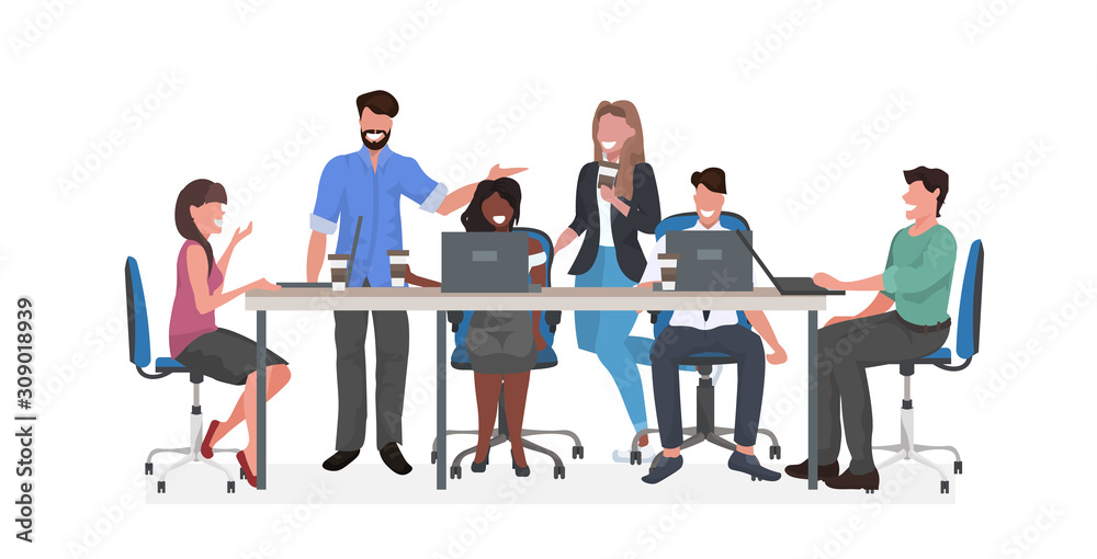 mix race businesspeople team sitting at round table discussing and drinking coffe during conference meeting teamwork concept full length horizontal vector illustration