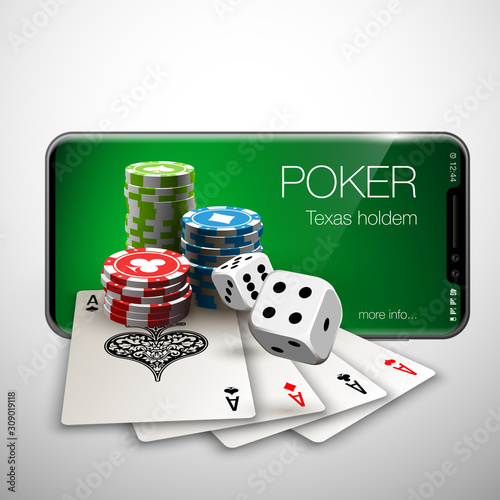 Vector illustration Online Poker casino banner with a mobile phone, chips, playing cards and dice. Marketing Luxury Banner Jackpot Online Casino with New model Smartphone. Empty advertising poster.