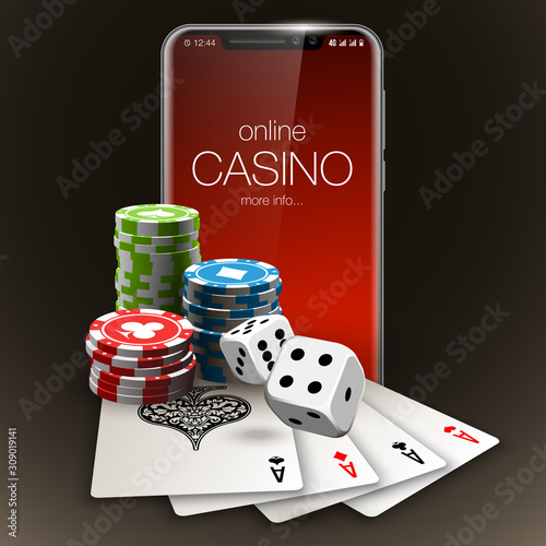 Vector illustration Online Poker casino banner with a mobile phone, chips, playing cards and dice. Marketing Luxury Banner Jackpot Online Casino with New model Smartphone. Empty advertising poster.