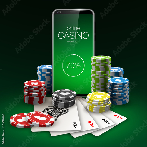 illustration Online Poker casino banner with a mobile phone, chips, playing cards and dice. Marketing Luxury Banner Jackpot Online Casino with New model Smartphone. Empty advertising poster.