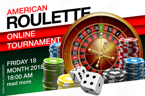 illustration Online Poker casino banner with american roulette on green surface table. Marketing Luxury Banner Jackpot Online Casino with classic roulette. Advertising poster with ribbon for text.