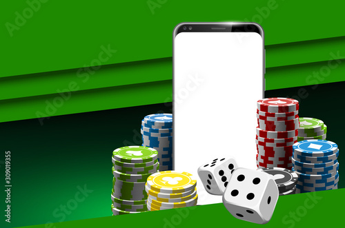 illustration Online Poker casino banner with a mobile phone, chips and dice. Marketing Luxury Banner Jackpot Online Casino with New model Smartphone. Empty advertising poster flat paper cloud for text