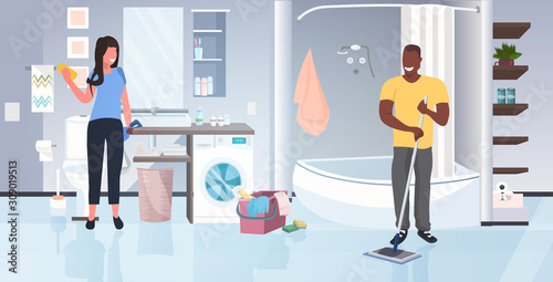 woman using rag man mopping floor mix race couple working together doing housework cleaning service concept modern bathroom interior horizontal full length vector illustration