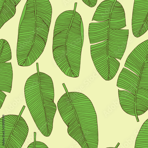 seamless pattern green banana leaves isolated on yellow background. stock illustration in pop art style. tropical palm leaves background wallpaper design