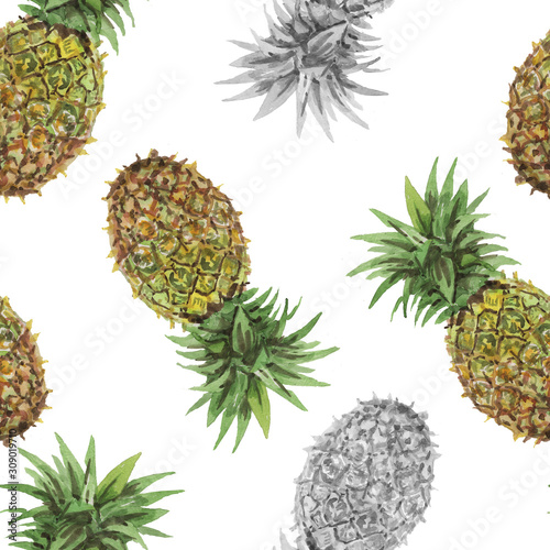Seamless pattern with pineapples. Juicy fruits. Watercolor hand-drawn illustration. Exotics  tropics  south  summer  vacations  rest. Vintage style  retro  sketch  realism. Print  textile