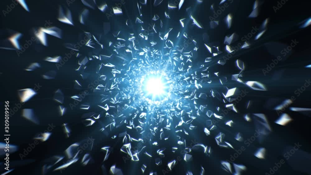 4K Flight through broken glass pieces tunnel. Abstract background. Motion backdrop.