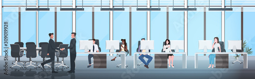 businessmen shaking hands businesspeople sitting at workplaces successful teamwork concept creative co-working center office interior horizontal full length vector illustration