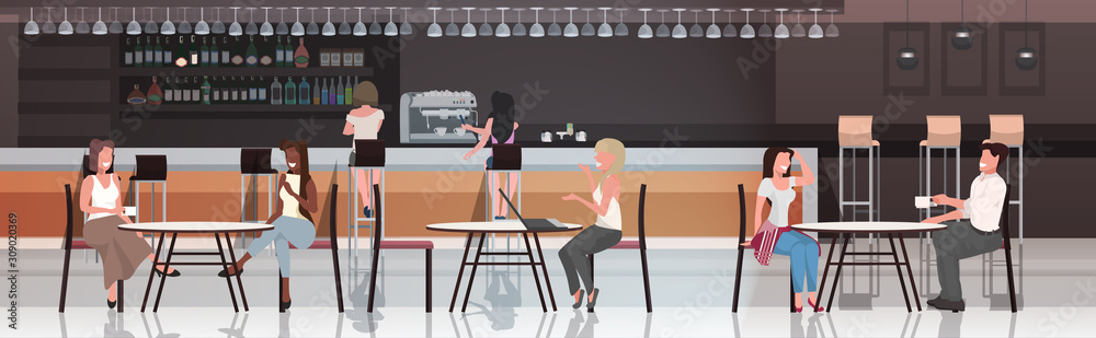people sitting at cafe tables mix race visitors drinking coffee discussing during meeting modern restaurant interior horizontal full length vector illustration - obrazy, fototapety, plakaty 