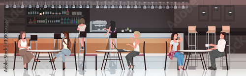 people sitting at cafe tables mix race visitors drinking coffee discussing during meeting modern restaurant interior horizontal full length vector illustration