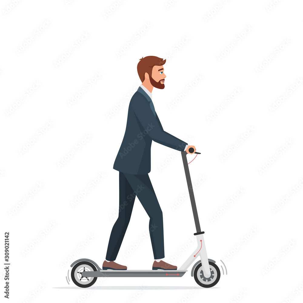 Man on electric scooter flat vector illustration. Male ccartoon character  riding ecologically clean urban vehicle. Guy in suit using modern personal  transporter. Businessman on e-scooter going to work Stock-Vektorgrafik |  Adobe Stock